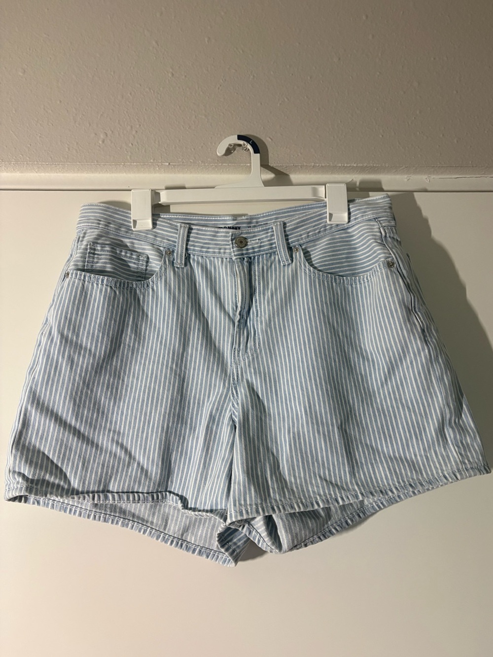 Old Navy Light Blue and White Stripe High Rise Denim Mom Shorts